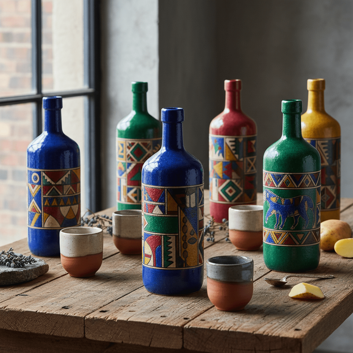 Artisanal ceramic vodka bottles with graphic patterns on a rustic wooden table.
