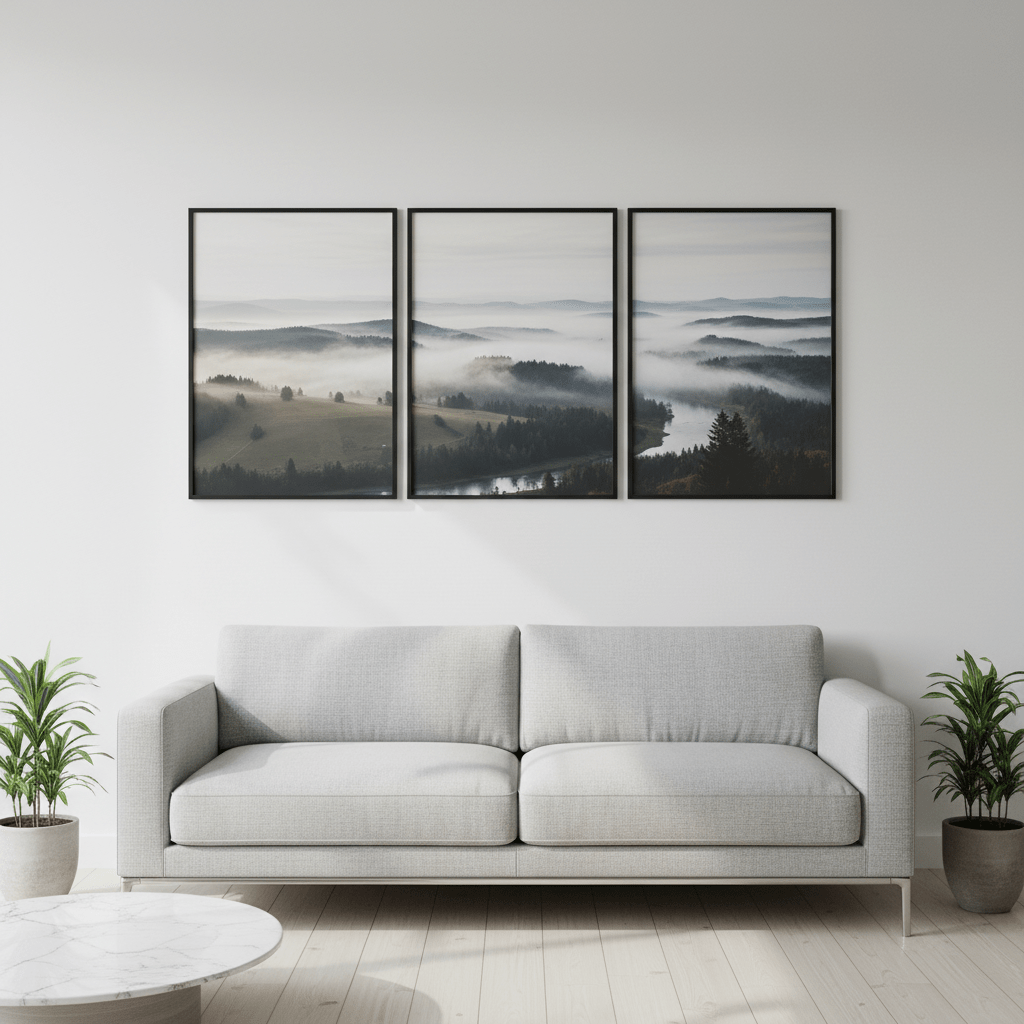 Three slim matte black poster frames display panoramic landscapes above a modern grey sofa.