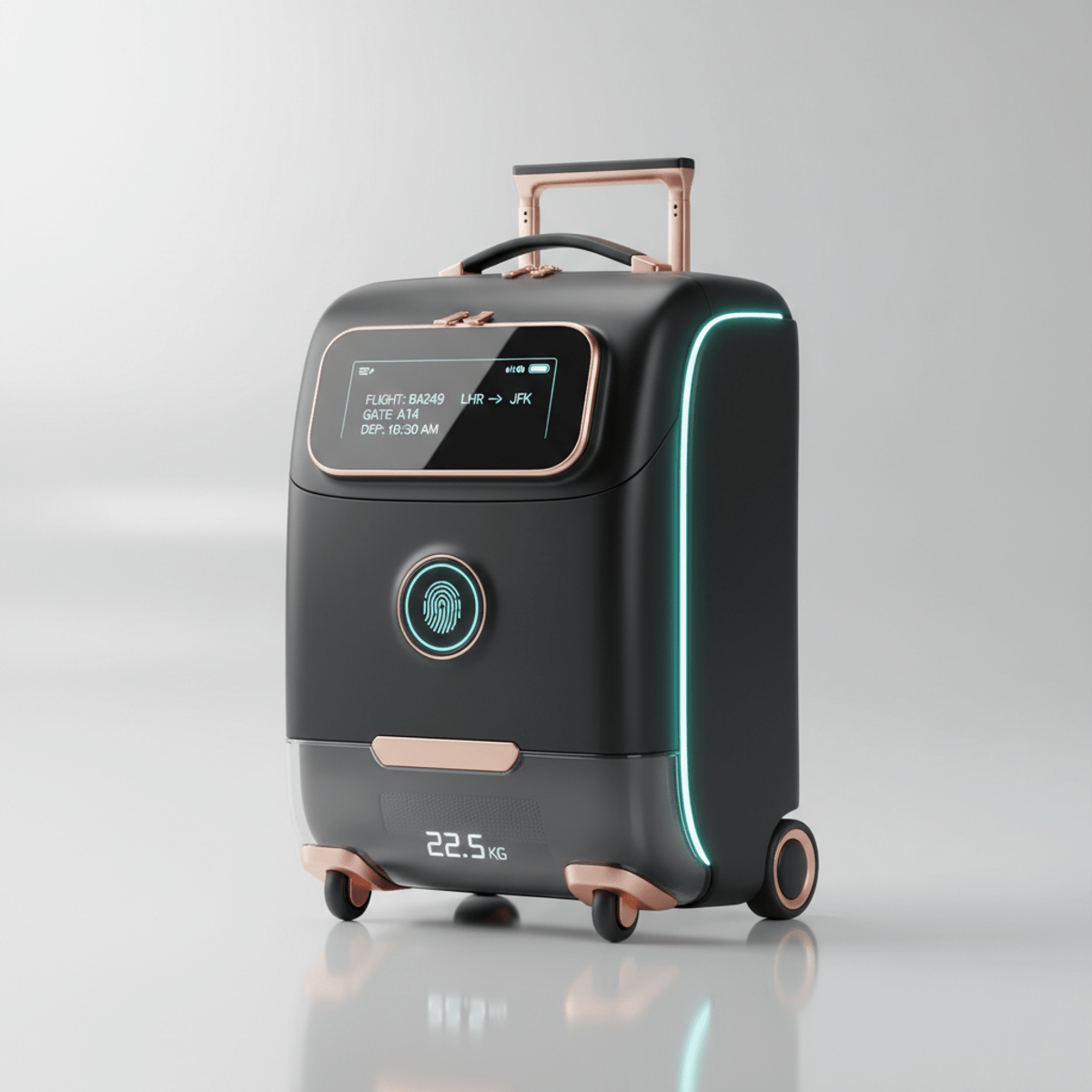 Futuristic trolley bag with digital display and fingerprint lock. Sleek futuristic trolley bag with minimalist design and digital display.