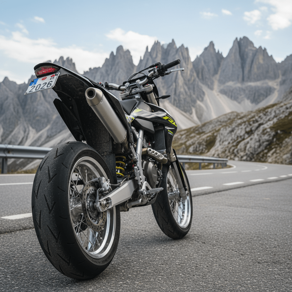 Supermoto tires on a motorcycle parked by a winding mountain road, dramatic peaks in background.