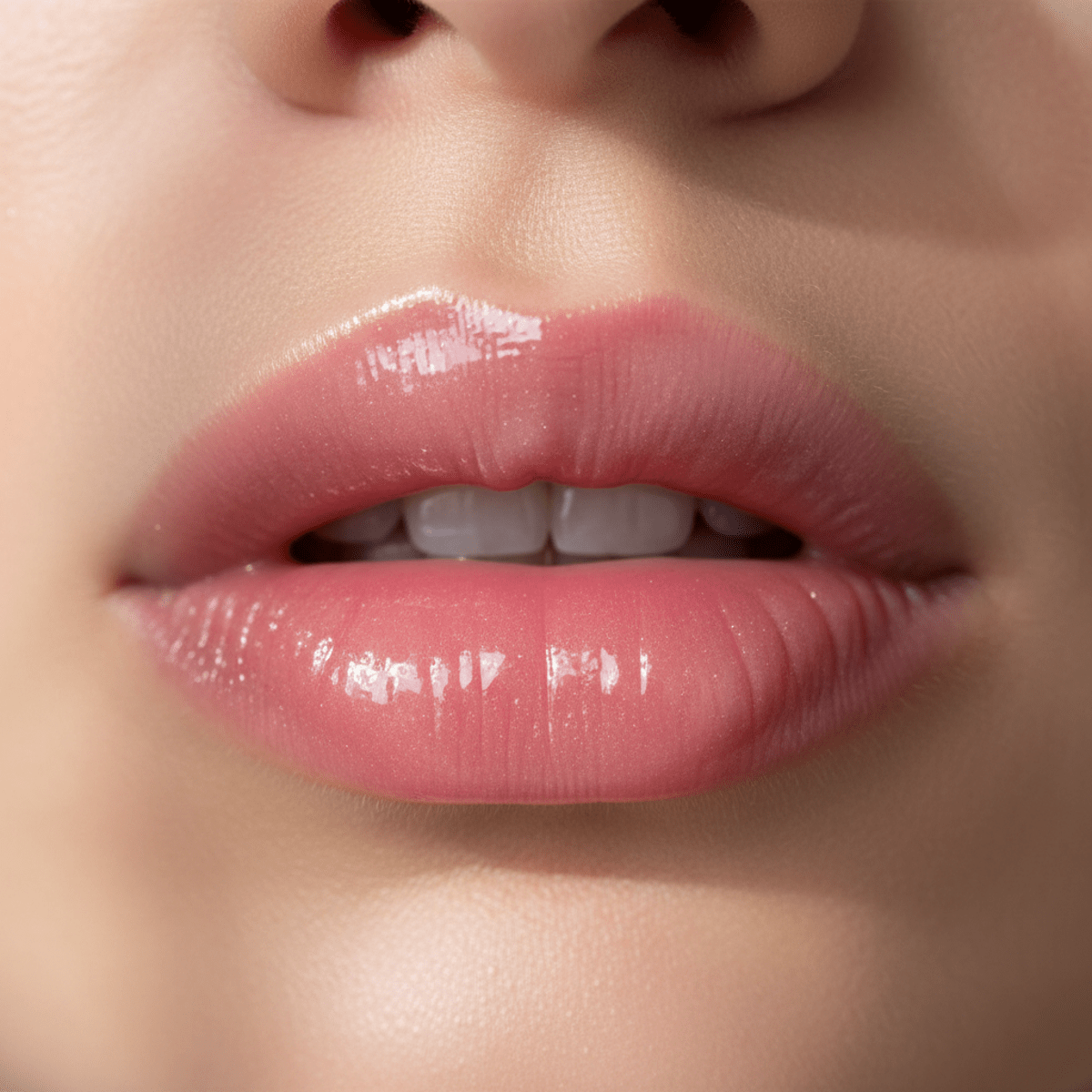 Ultra-glossy pink lips with a translucent jelly bean finish, reflecting light.