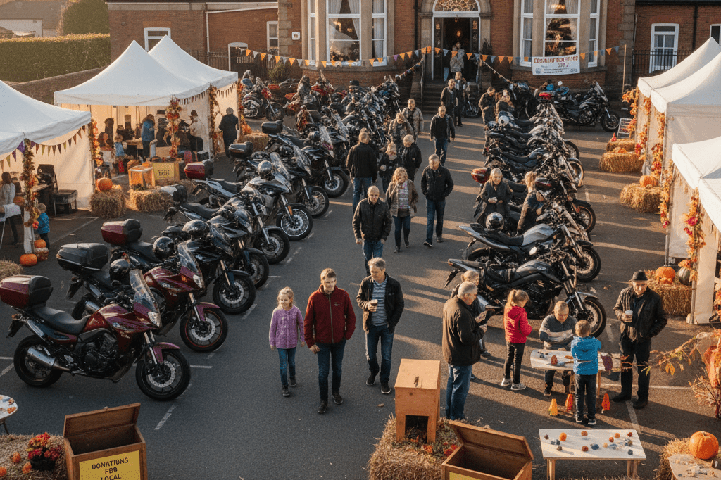 Wide view of a vibrant charity motorcycle gathering with booths and bikes under natural light, emphasizing community spirit