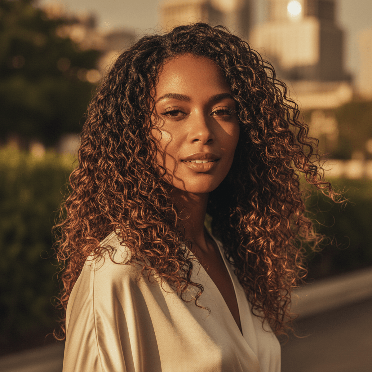 Medium shot of glowing jeri curl hairstyle outdoors in golden hour sunlight.