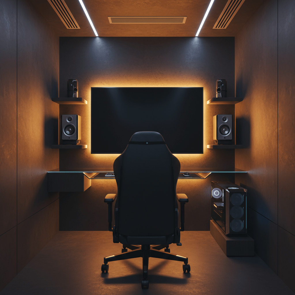 Sleek futuristic gaming nook with golden sunset backlighting and ergonomic chair.