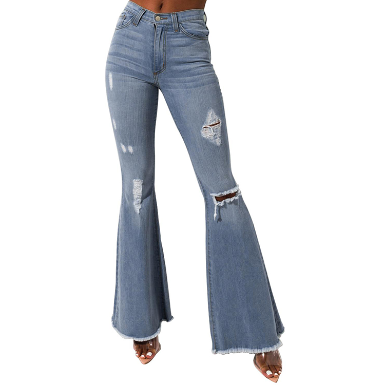 Catálogo de fabricantes de Azul De Mezclilla Trapos de alta 100% algodón desigual flared pantalones vaqueros de las