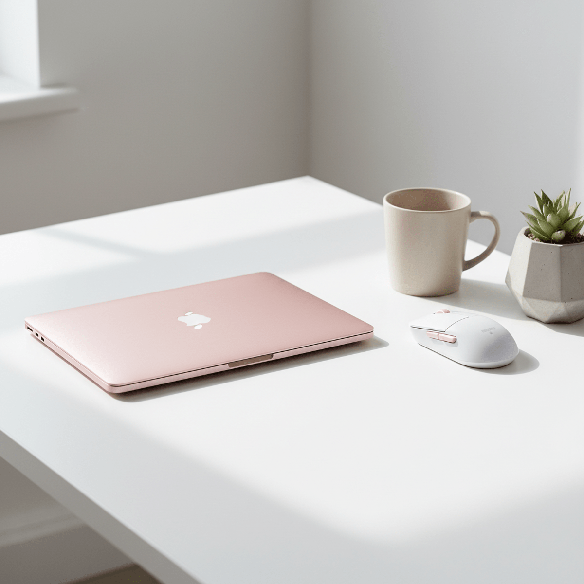Minimalist desk setup featuring a blush pink laptop, ergonomic mouse, and succulent.