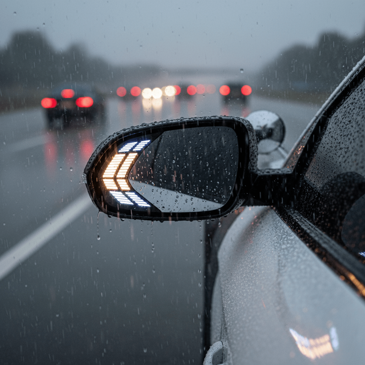Close-up of police car side mirror in heavy rain with bright LED lights.