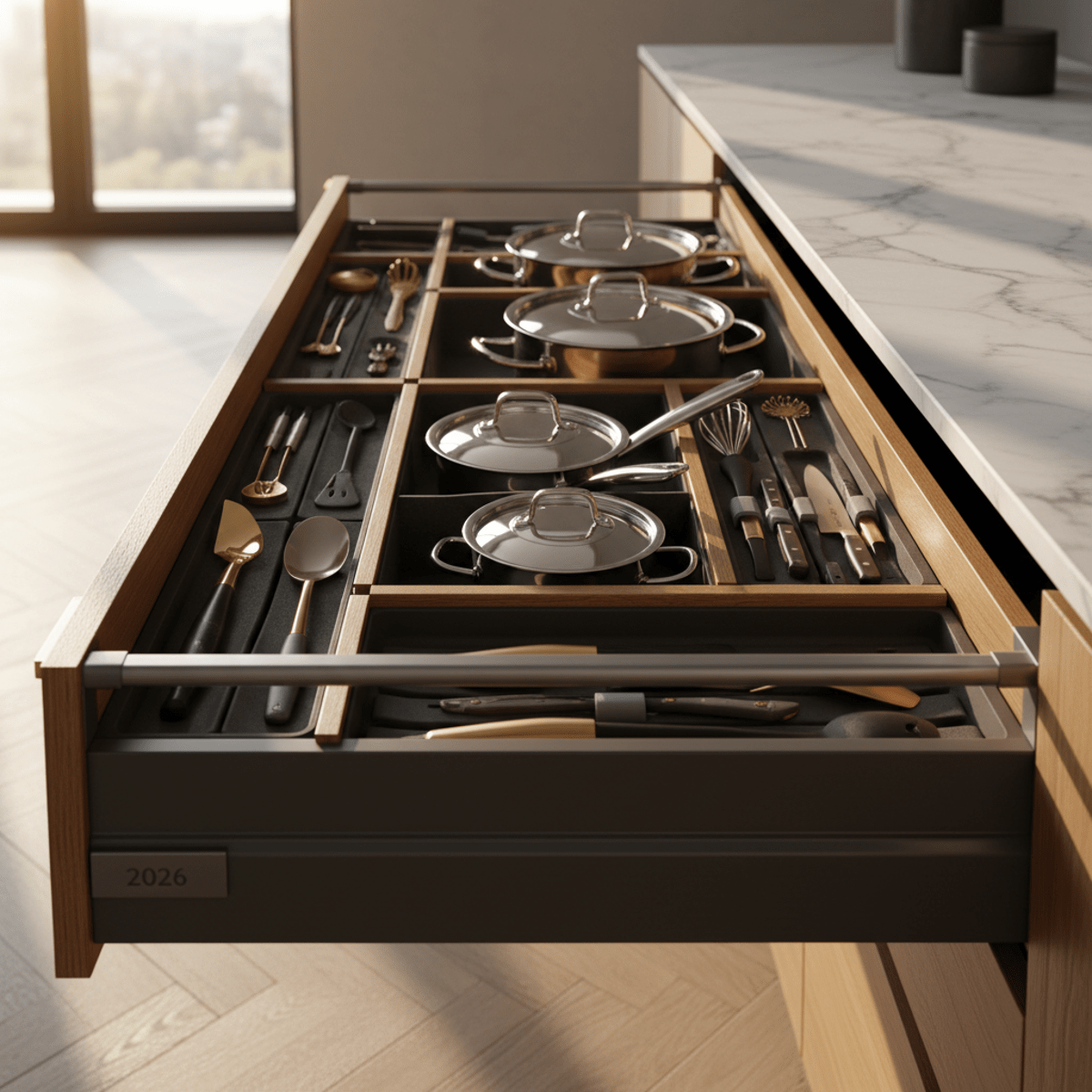 Extended modern kitchen drawer with adjustable polymer and aluminum inserts for deep storage.