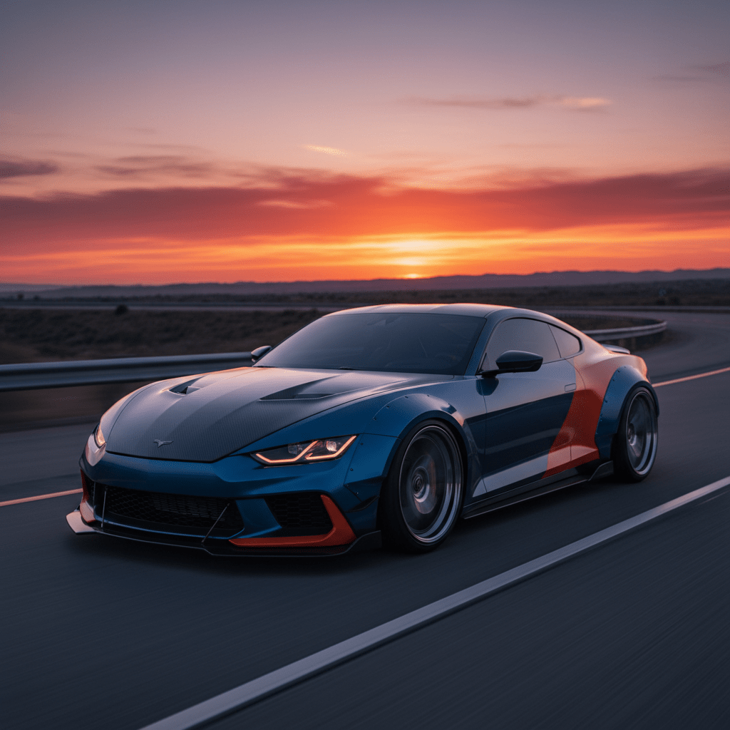 Sleek modern sports coupe with carbon fiber hood on a highway at sunset.