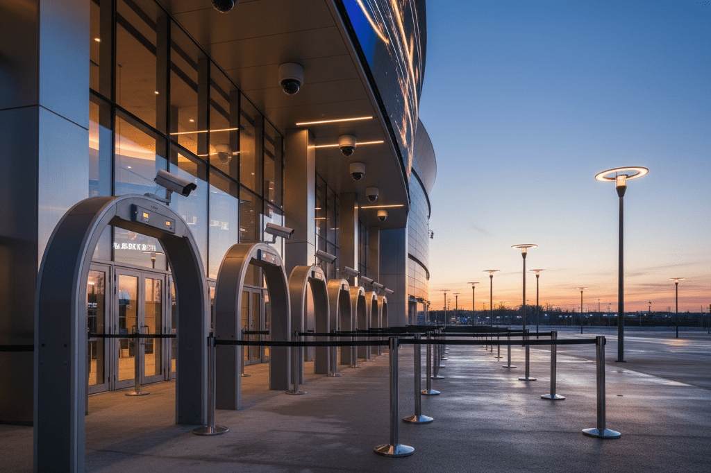 Wide-angle view of a concert venue’s secure entrance featuring advanced tech like metal detectors and surveillance cameras under ambient evening light.