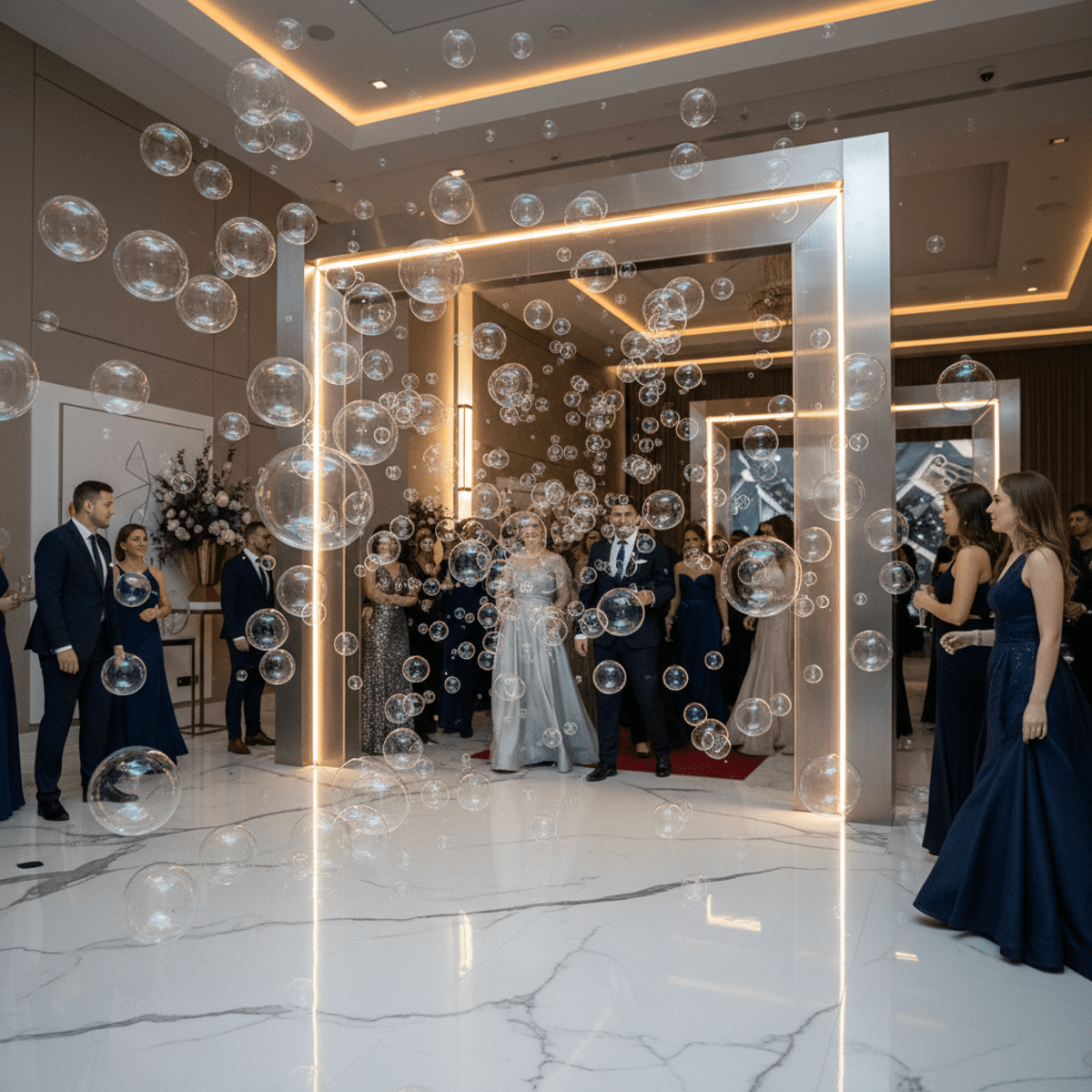 Elegant gala guests exit through a modern archway amidst shimmering fog bubbles.