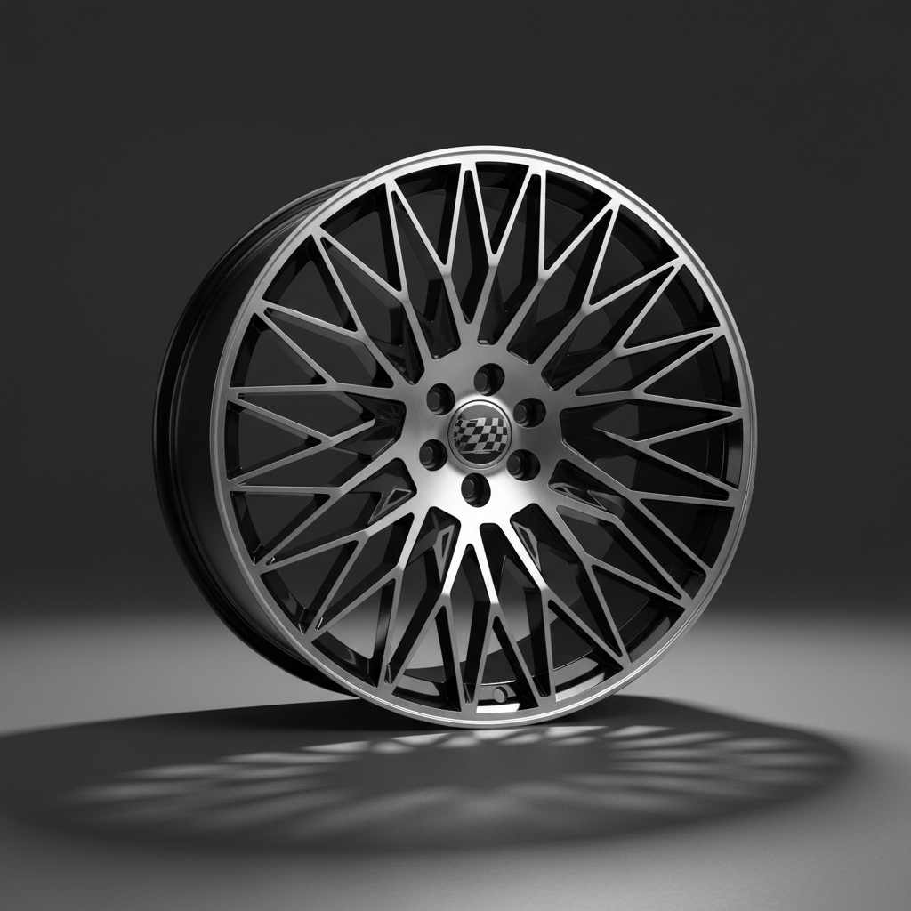 Modern mesh wheel with geometric basketweave lattice and two-tone finish.