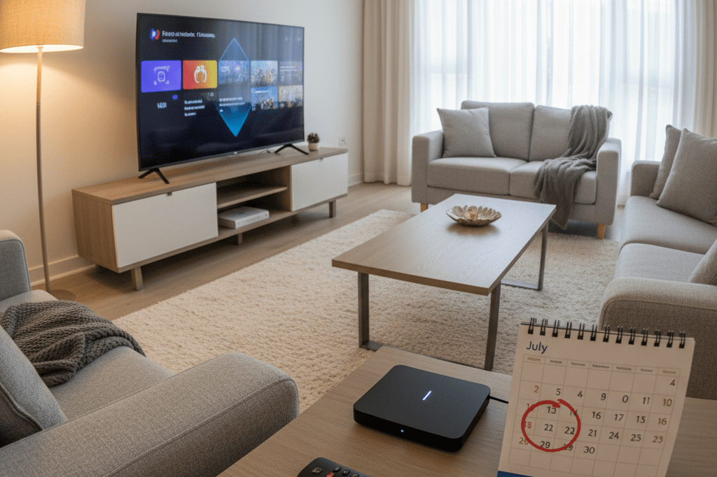 Cozy living room with TV and calendar hinting at strategic episodic viewing schedules under warm ambient lighting