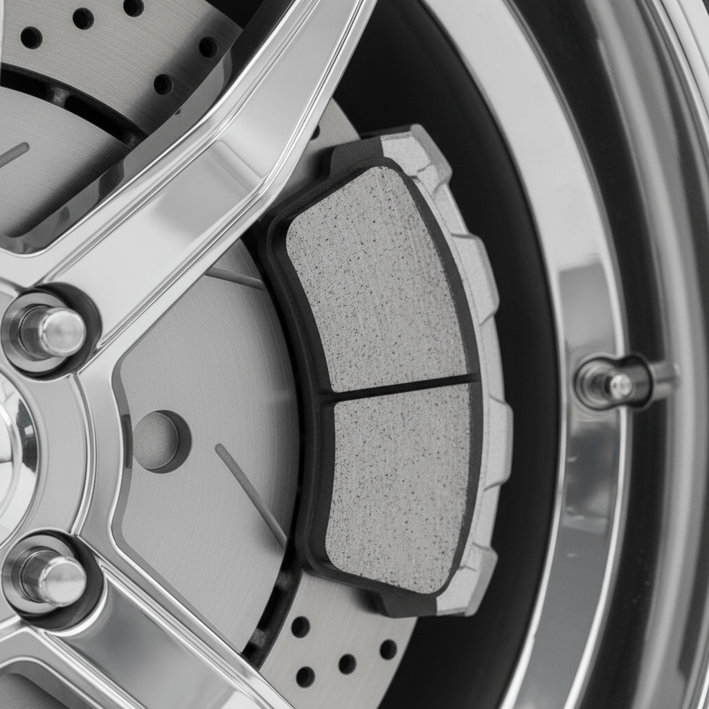 Close-up of advanced ceramic truck brake pads with fine texture on a rotor.