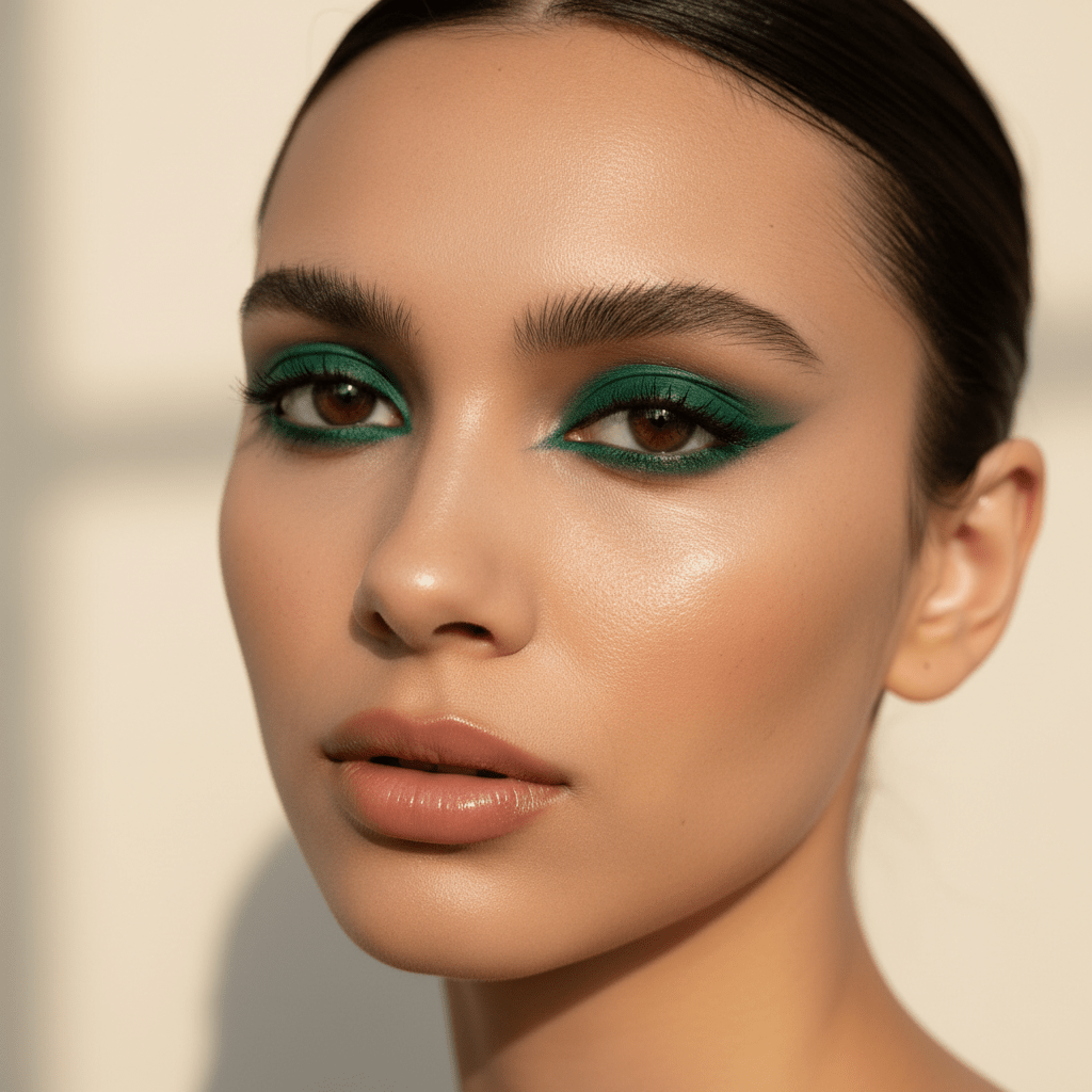 Model with striking emerald green reverse cat-eye eyeliner and deep brown eyes.