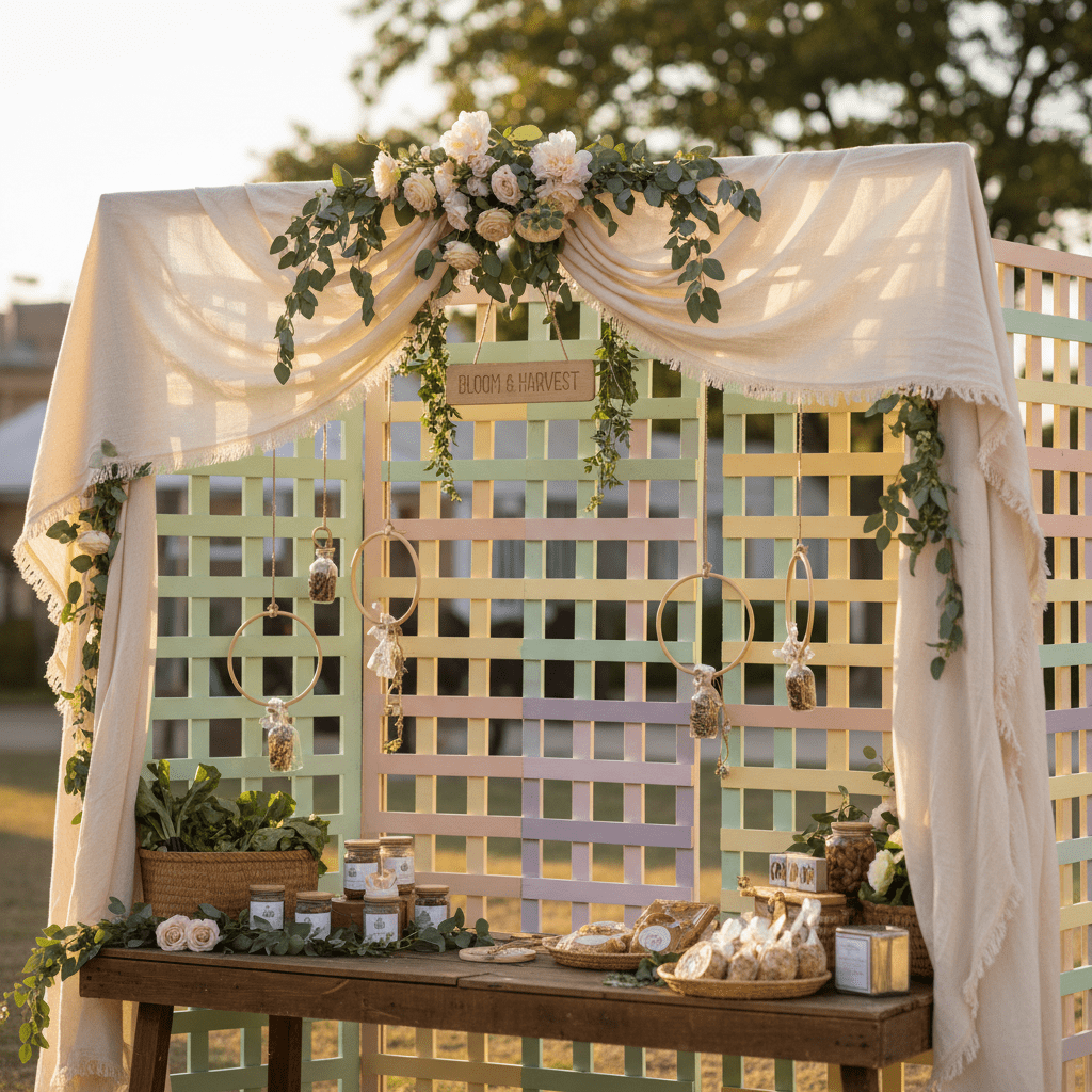 Pastel lattice backdrop at a farmer's market stall with flowers and linen.