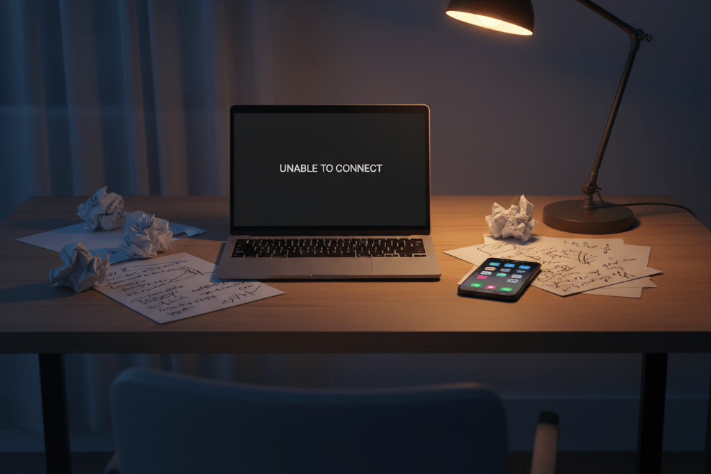 Laptop showing error message, silenced phone, and notes under warm ambient lighting, symbolizing disrupted business communication