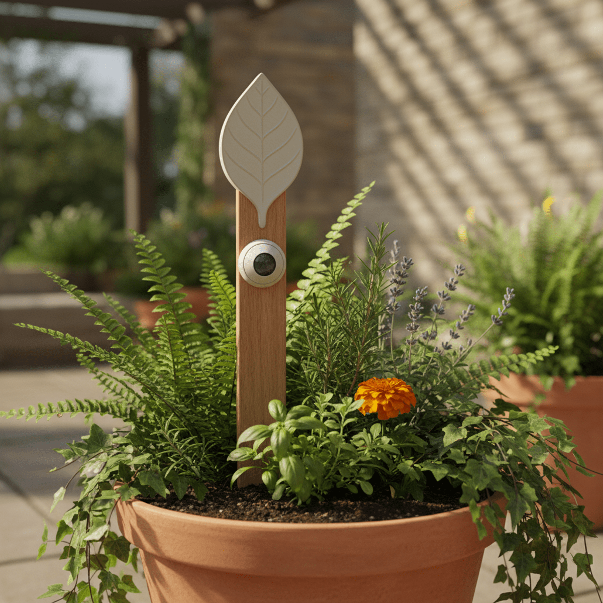 Sleek planter cat repellent stake near vibrant potted herbs and flowers.