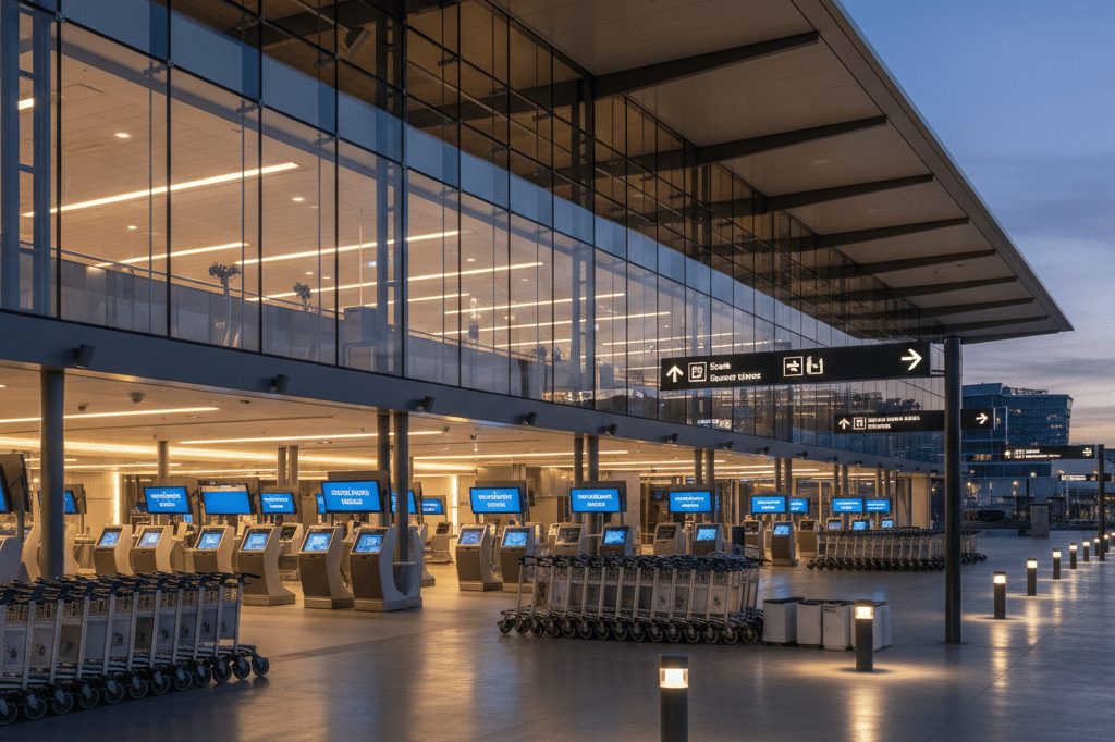 Empty cruise terminal with digital schedule updates under warm ambient light, showcasing organized seasonal planning