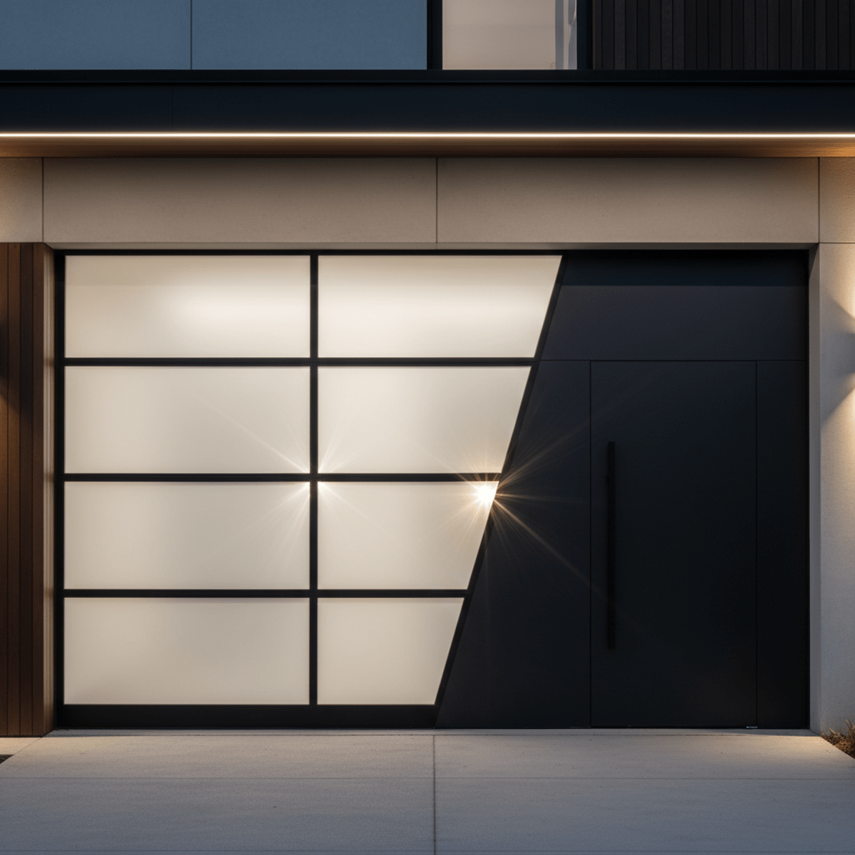 Modern garage door with frosted glass and blackened steel, featuring an embedded pedestrian door.