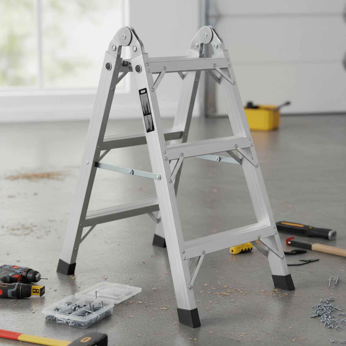 Aluminum folding ladder in A-frame configuration with visible locking mechanisms.