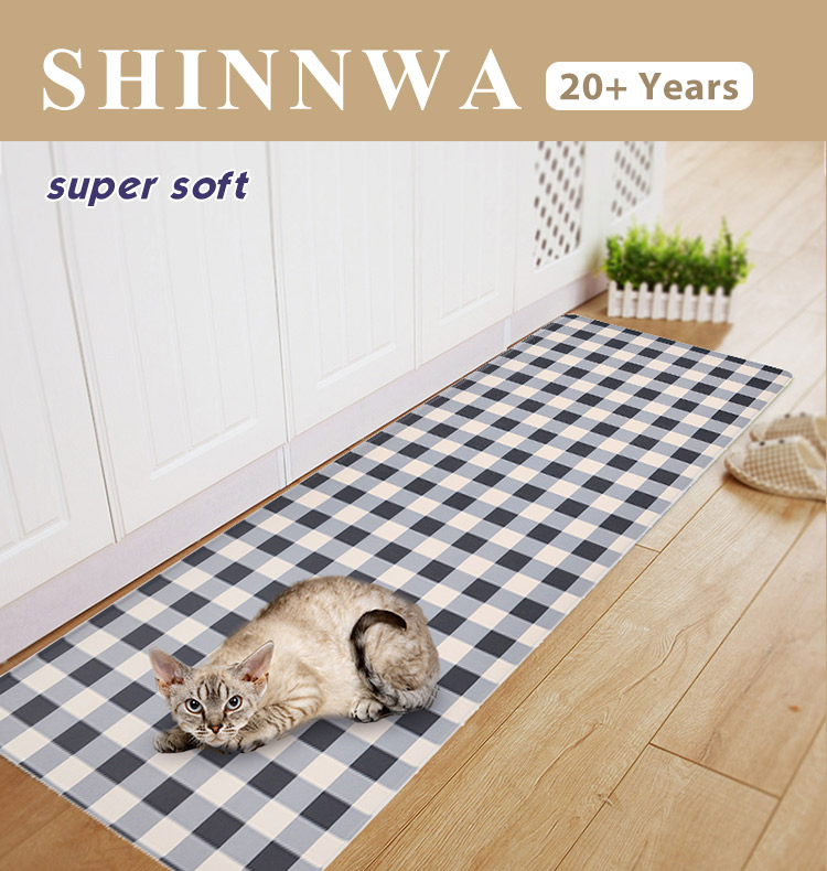 Shinnwa black and white check buffalo plaid mat waterproof pvc foam anti fatigue kitchen floor mat set for door