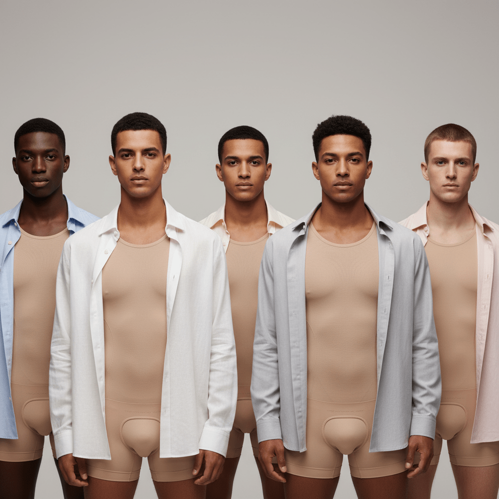Men's body shaper in diverse nude shades shown under light shirts for invisibility.