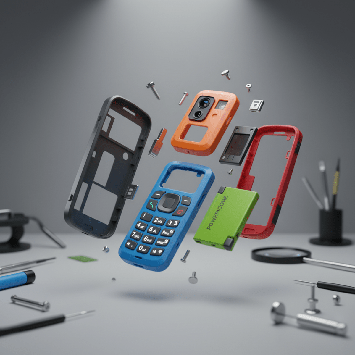 Exploded view of a modular phone showcasing colorful components and metal fasteners.