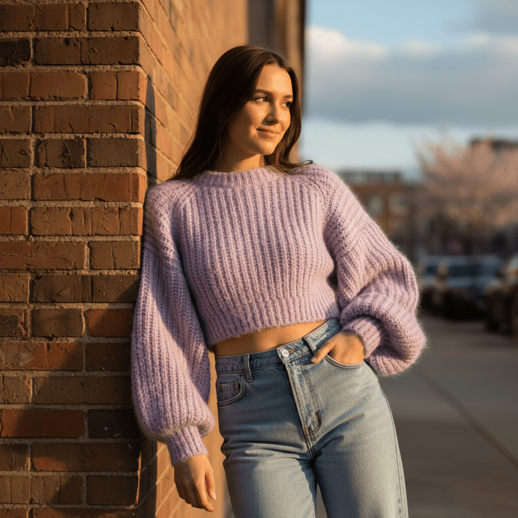 Young woman in a digital lavender puffy ribbed cardigan and light wash denim.
