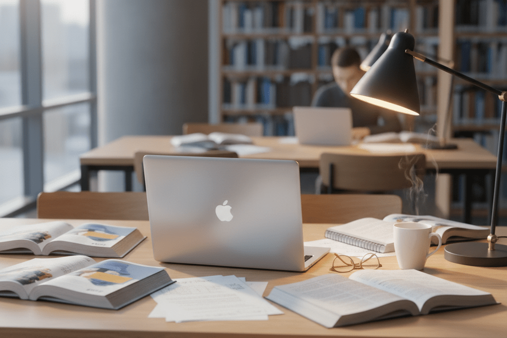 Student study table with laptop and books in library Modern library desk with closed laptop, books, and coffee under natural light