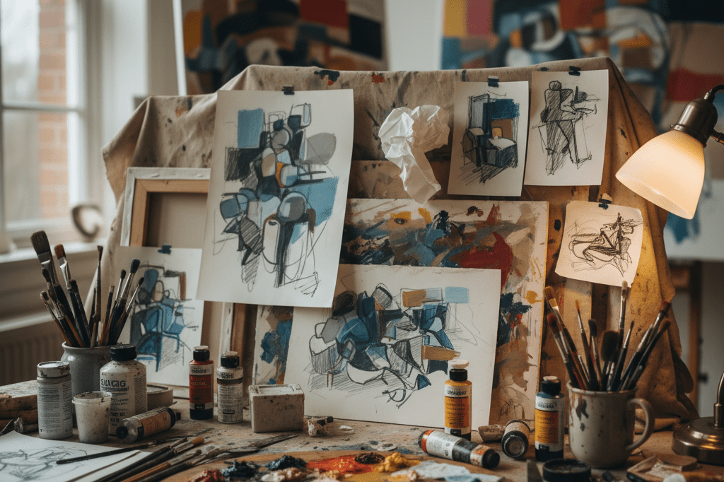 Close-up view of an enigmatic art studio setup featuring unrecognizable sketches and tools bathed in warm ambient lighting