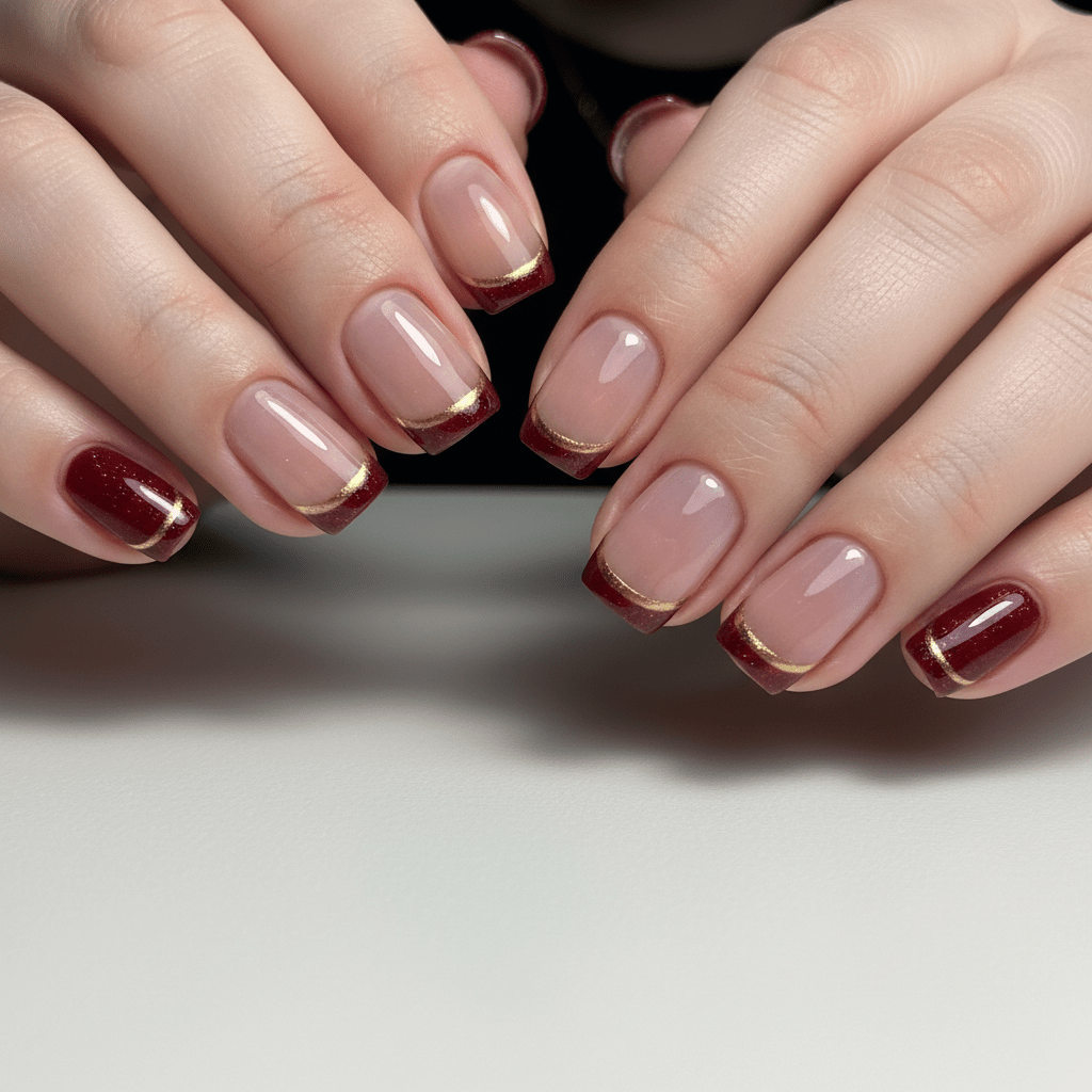 Elegant cherry cola nails with French tips and a fine metallic gold line.