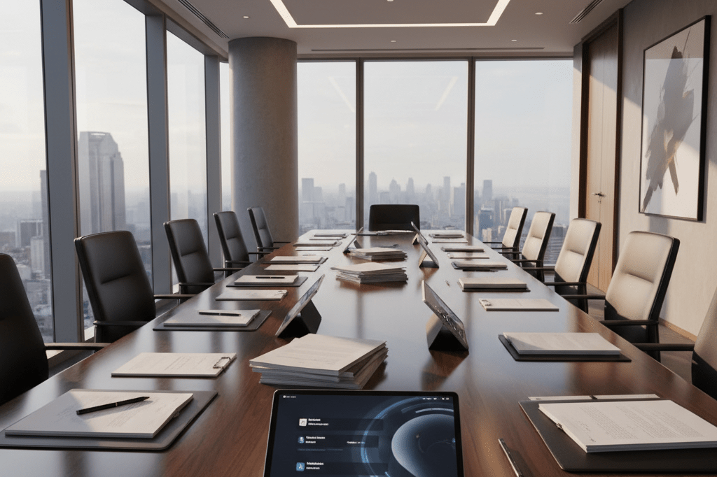 Wide shot of a sleek boardroom with legal documents and tablets under natural light, representing entertainment industry consolidation
