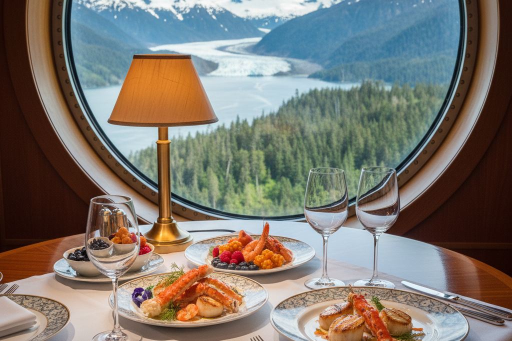 High-end cruise dining table with artisanal food and crystal glassware under warm light near an Alaskan view