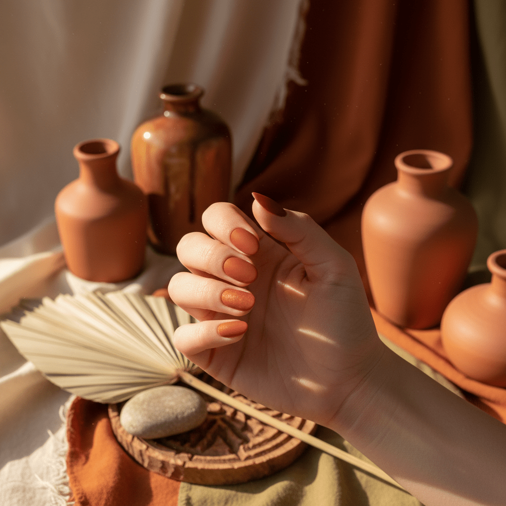 Nails in spiced clay shade with earthy tones and luxurious matte texture.