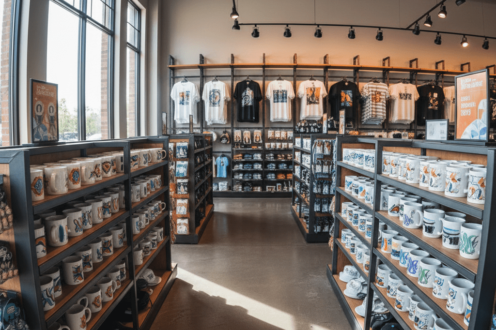 Wide shot of retail shelves stocked with generic entertainment-themed products under soft ambient lighting, highlighting inventory management challenges