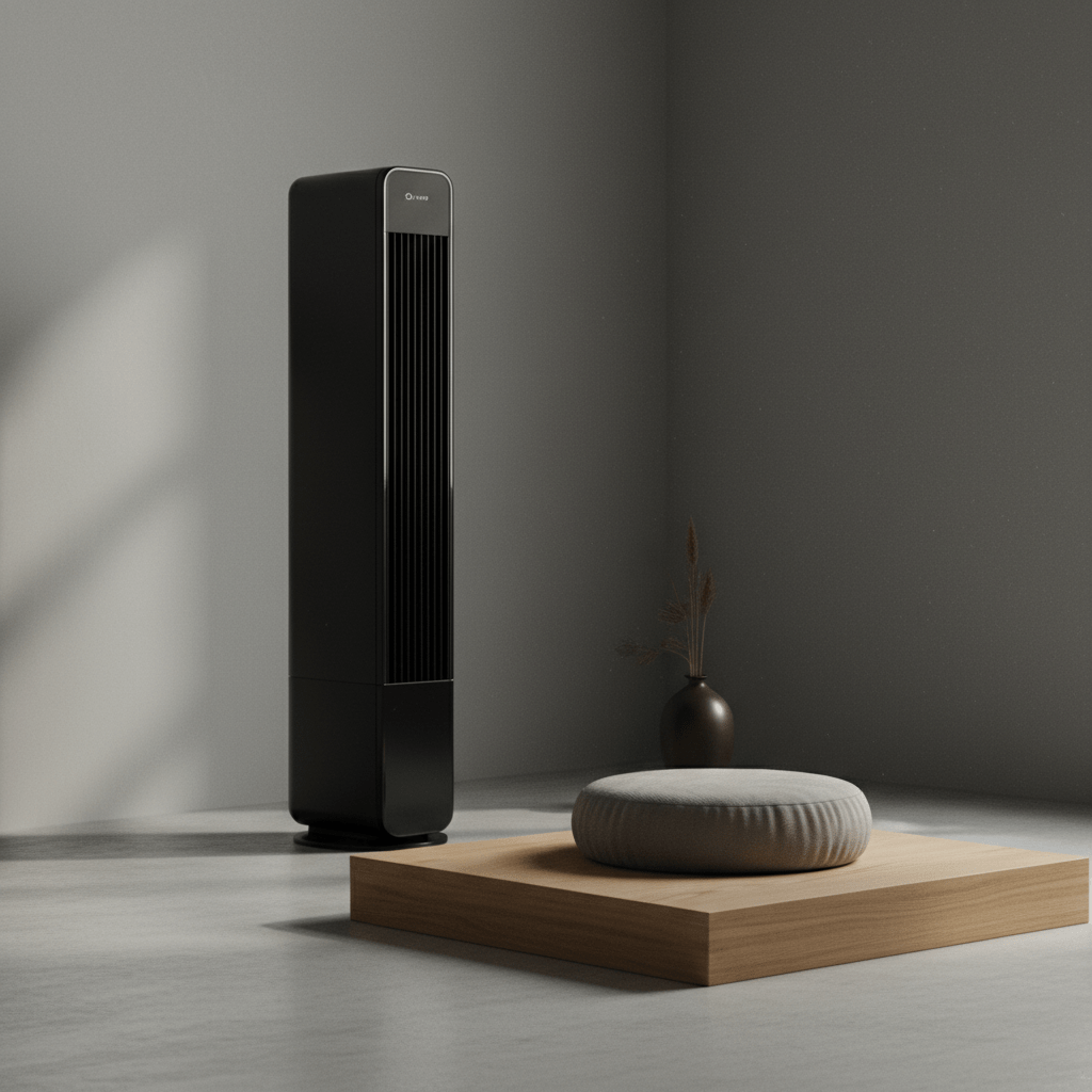 Sleek modern black fan in a minimalist meditation space with concrete and wood.