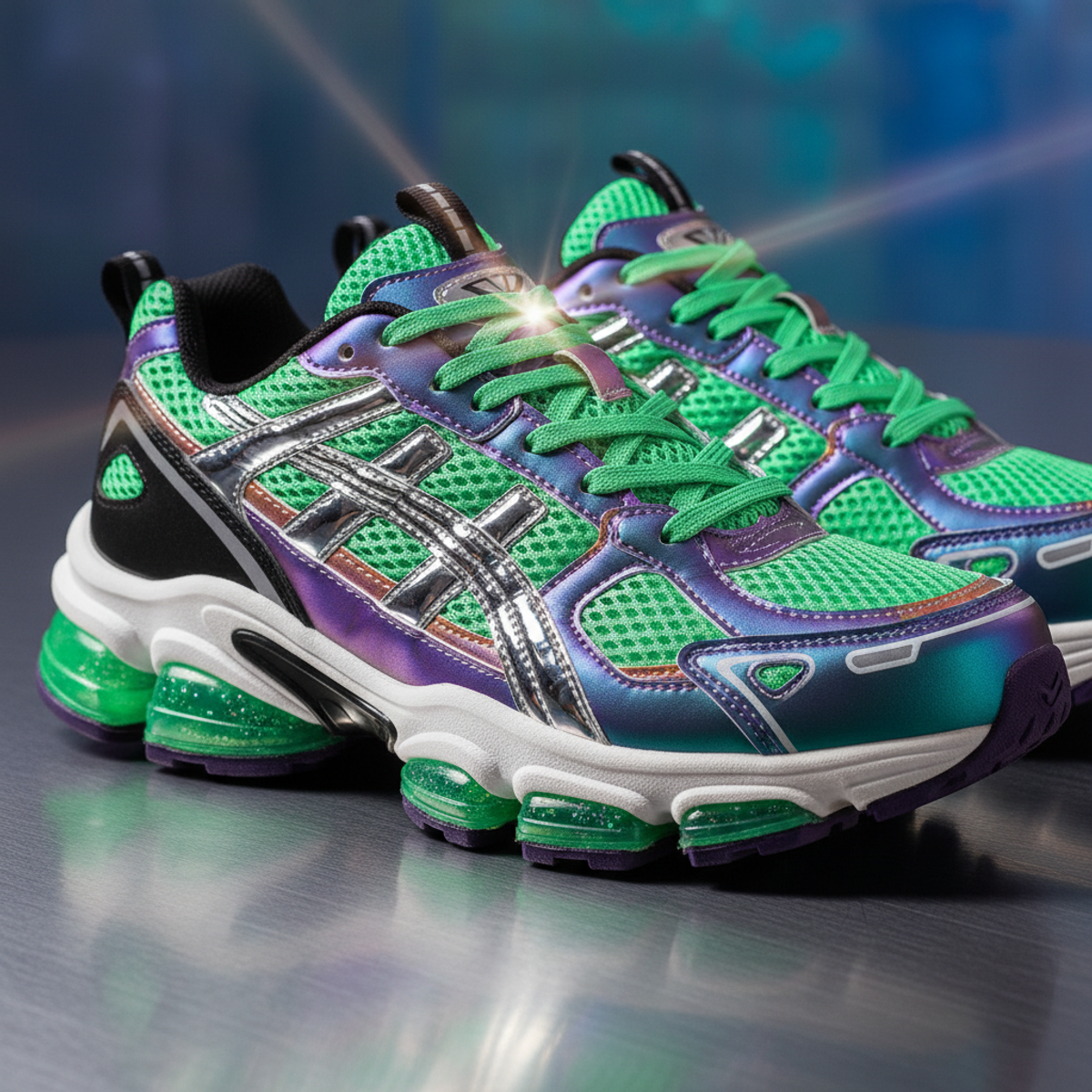 Trendy retro-futuristic running sneakers with mesh, iridescent overlays, and chrome details.