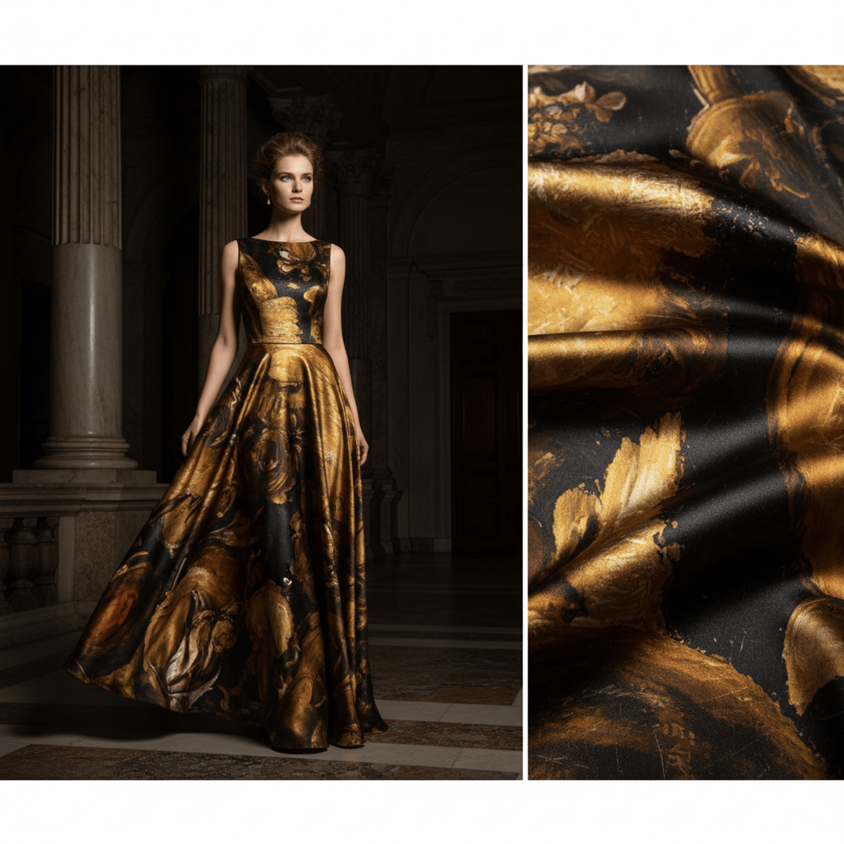 Flowing silk evening dress with Caravaggio-style light and shadow in grand interior.