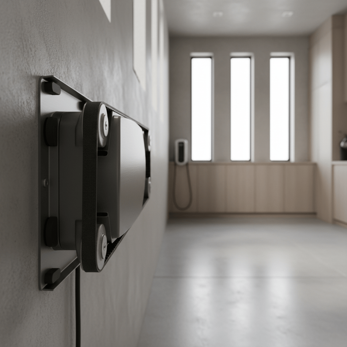 Detailed view of a modern wall-mounted garage door opener with belt drive.