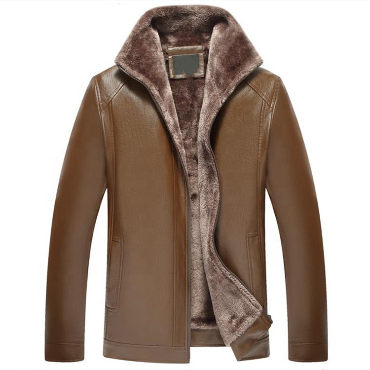 HOOD CREW Men/’s Black Brown Lapel Thick Warm PU Faux Leather Zip-Up Jacket