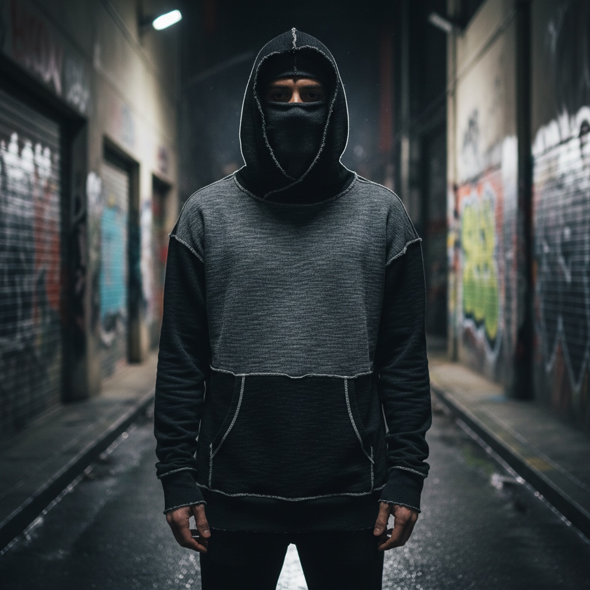 Male model in distressed charcoal balaclava-hoodie in moody urban alley.