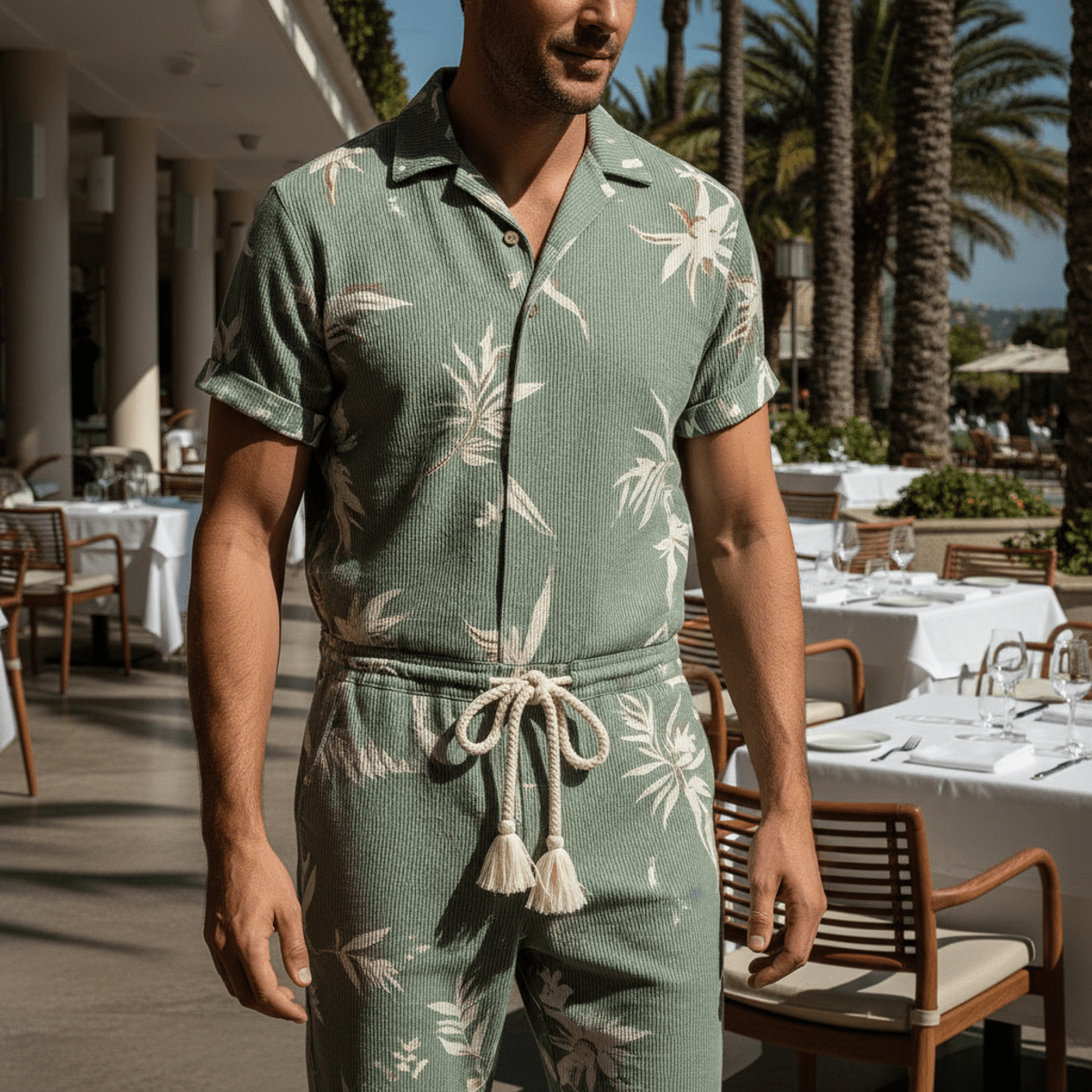 Man in sage green abstract botanical print seersucker jumpsuit on resort terrace.