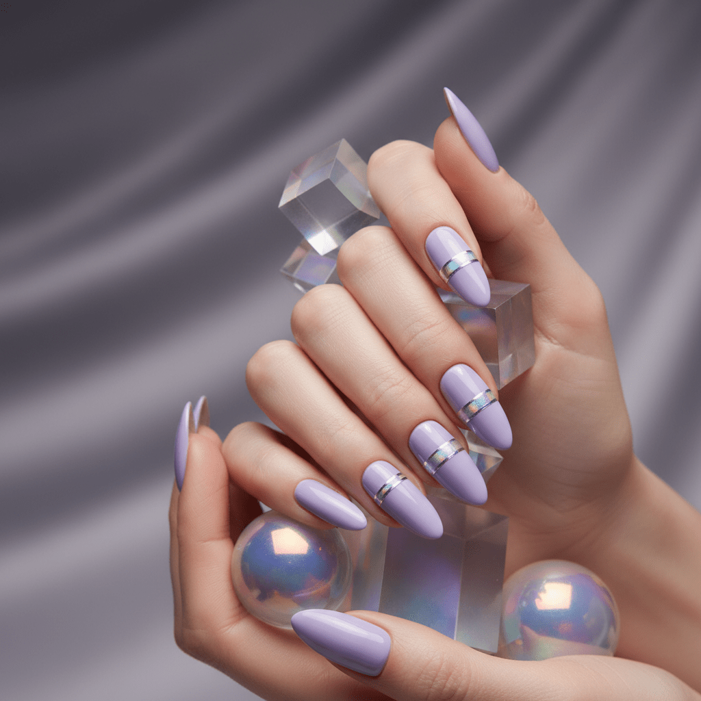 Elegantly posed fingers with glossy digital lavender nails and chrome stripes.