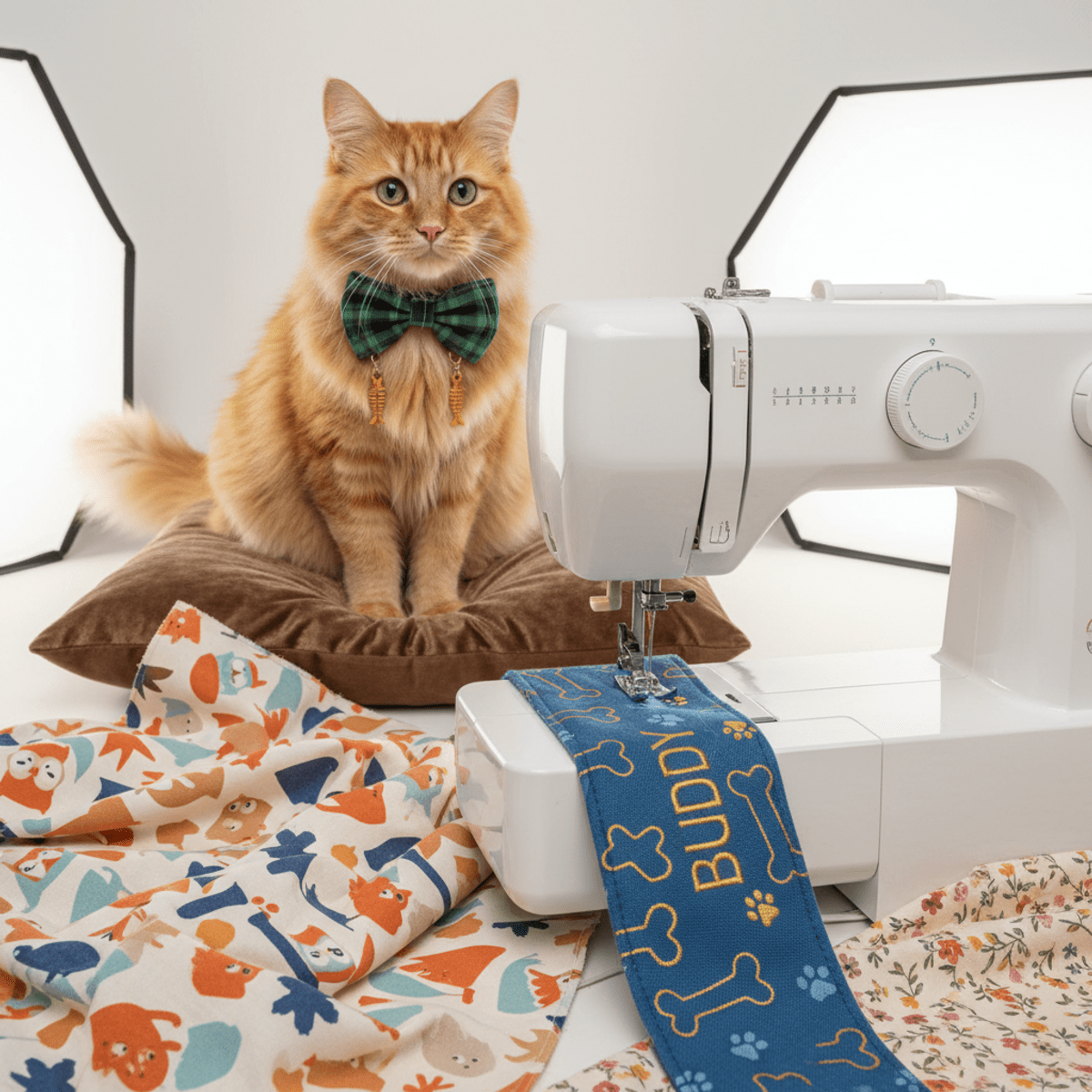 Sewing machine stitches a personalized dog collar sleeve with patterned fabrics and cat.