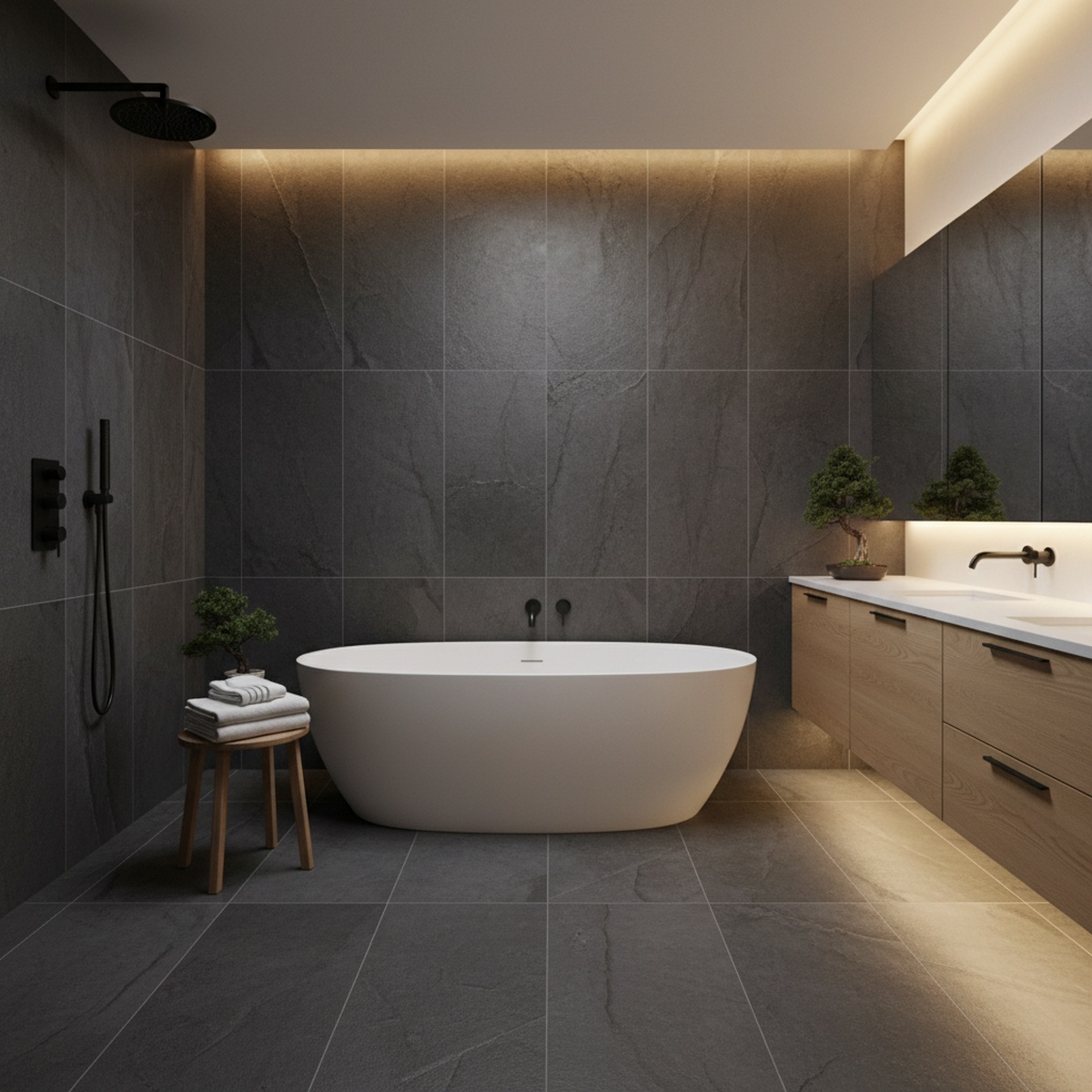 Japandi Noir bathroom with carbon slate feature wall and light oak cabinetry.