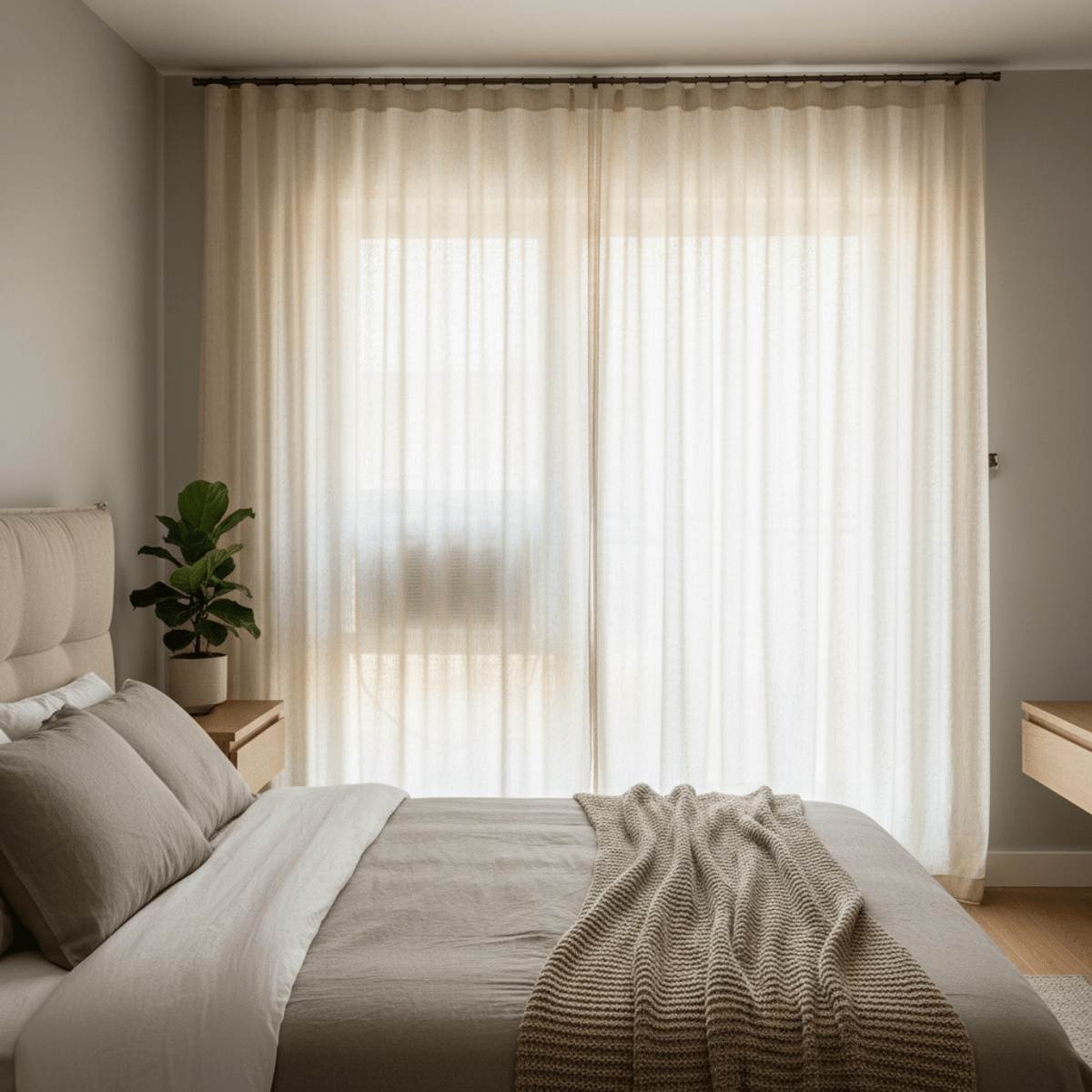 Concealed AC in modern bedroom with linen curtains Modern bedroom with AC unit hidden behind sheer linen curtains, soft neutral tones.