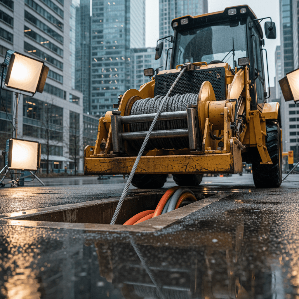 Hydraulic winch pulls utility conduits underground through trenchless bores in a wet city.
