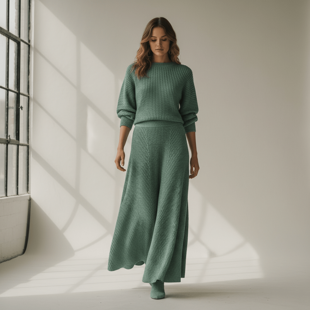 Model wearing a sage green puffy ribbed knit maxi skirt with fluid draping.