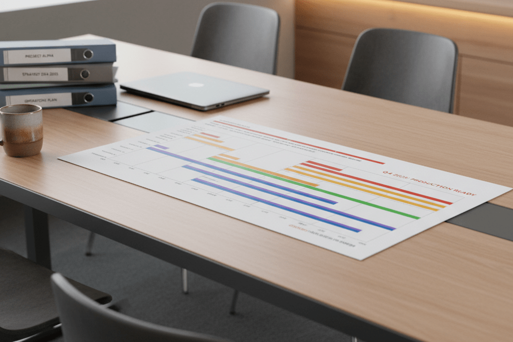 Strategic long-term production planning documents on a modern office table Office table with detailed 24-month production timeline charts and binders under natural light